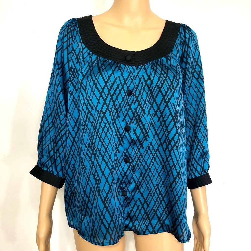Covington blue and black faux silk blouse top Size M